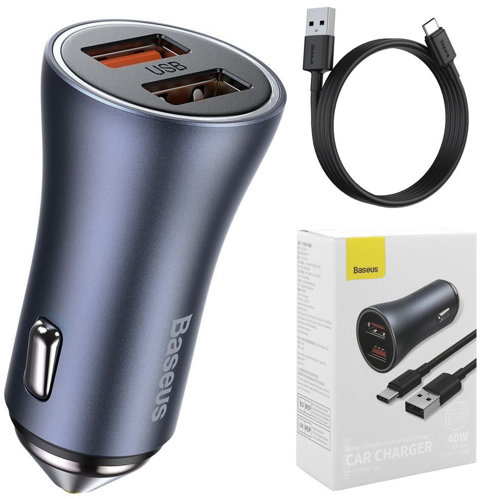 Baseus | Ładowarka Samochodowa 2xUSB 40W QC PD + Kabel USB-C