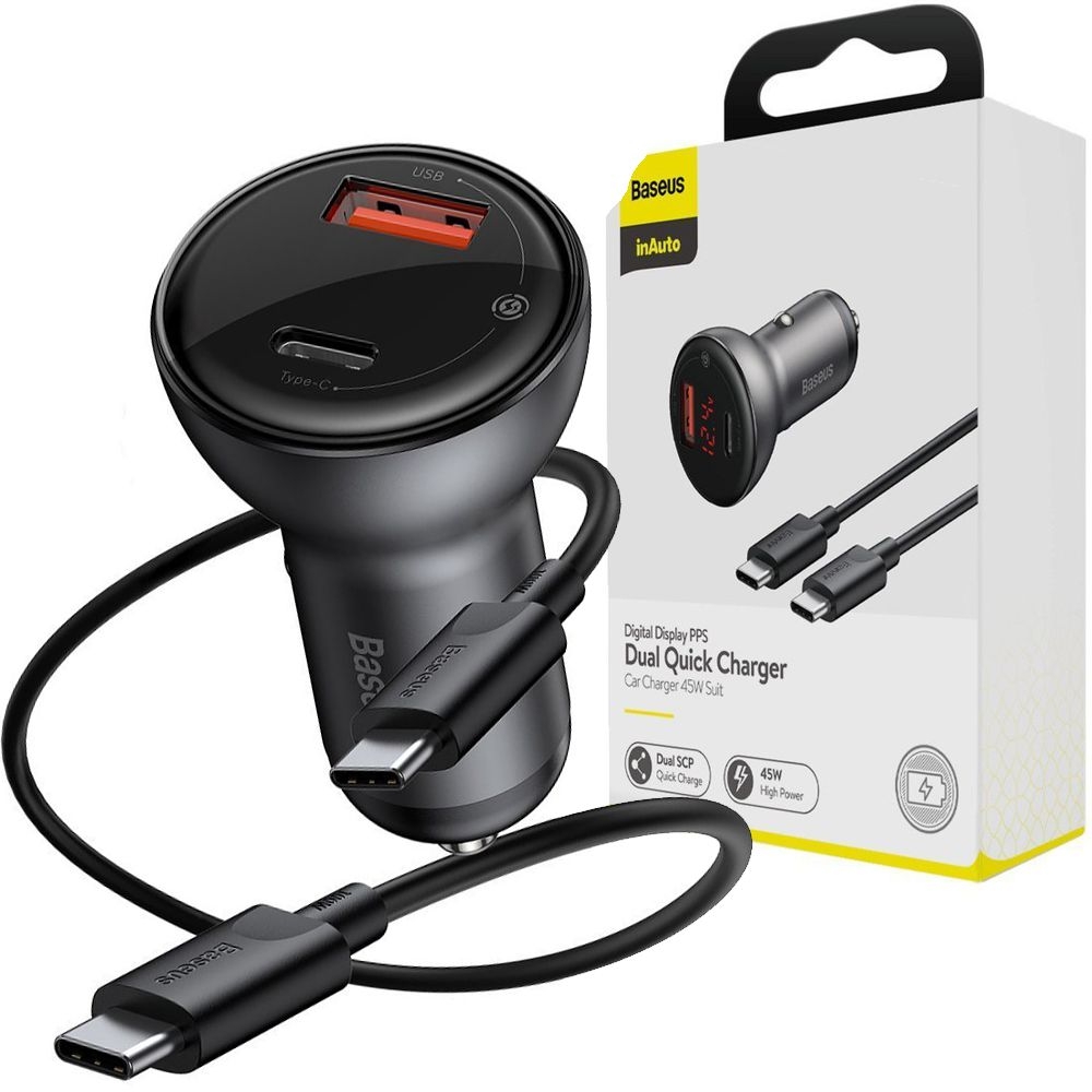 Baseus PPS | Szybka Ładowarka z Wyświetlaczem LED USB USB-C PD QC 4.0 | 45W + Kabel USB-C