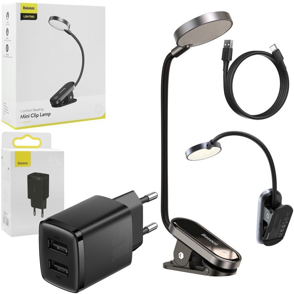 Baseus | Biurkowa Lampka LED z Klipsem | Wbudowana Bateria + Ładowarka 2x USB 10.5W | Czarna