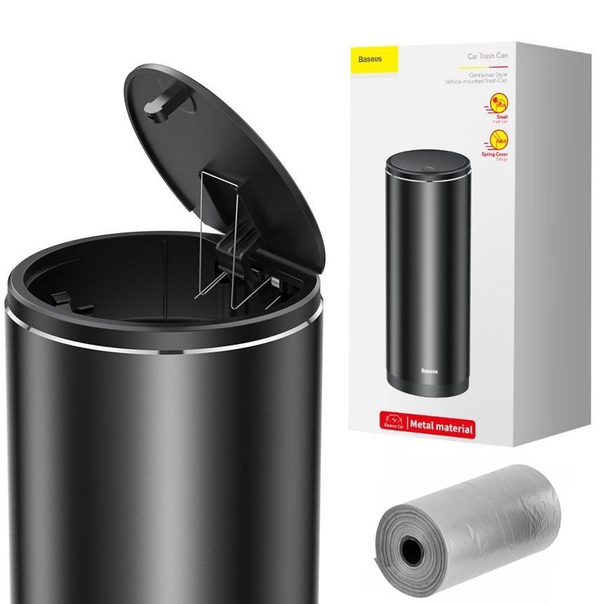 Baseus | Aluminiowy Mini Samochodowy Kosz na Śmieci z Pokrywką + 30 Worków | Czarny