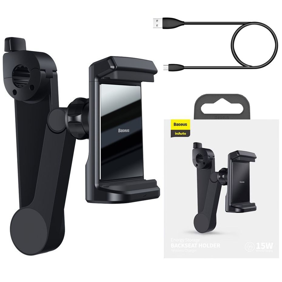 Baseus | Uchwyt na Zagłówek na Telefon z Ładowaniem Qi 15W | Czarny