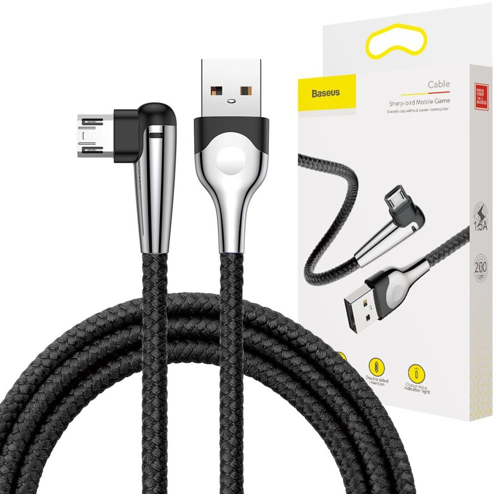 Baseus Sharp | Kątowy Gamingowy Kabel microUSB | Dwustronny | 200cm | Czarny