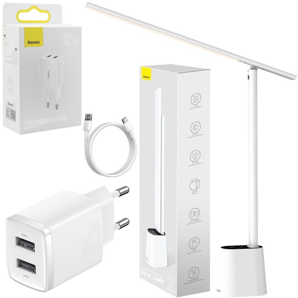 Baseus | Bezprzewodowa Biurkowa Lampka LED | Wbudowana Bateria 2200mAh | 3 Barwy Światła | Biała + Ładowarka 2x USB 10.5W | Biała
