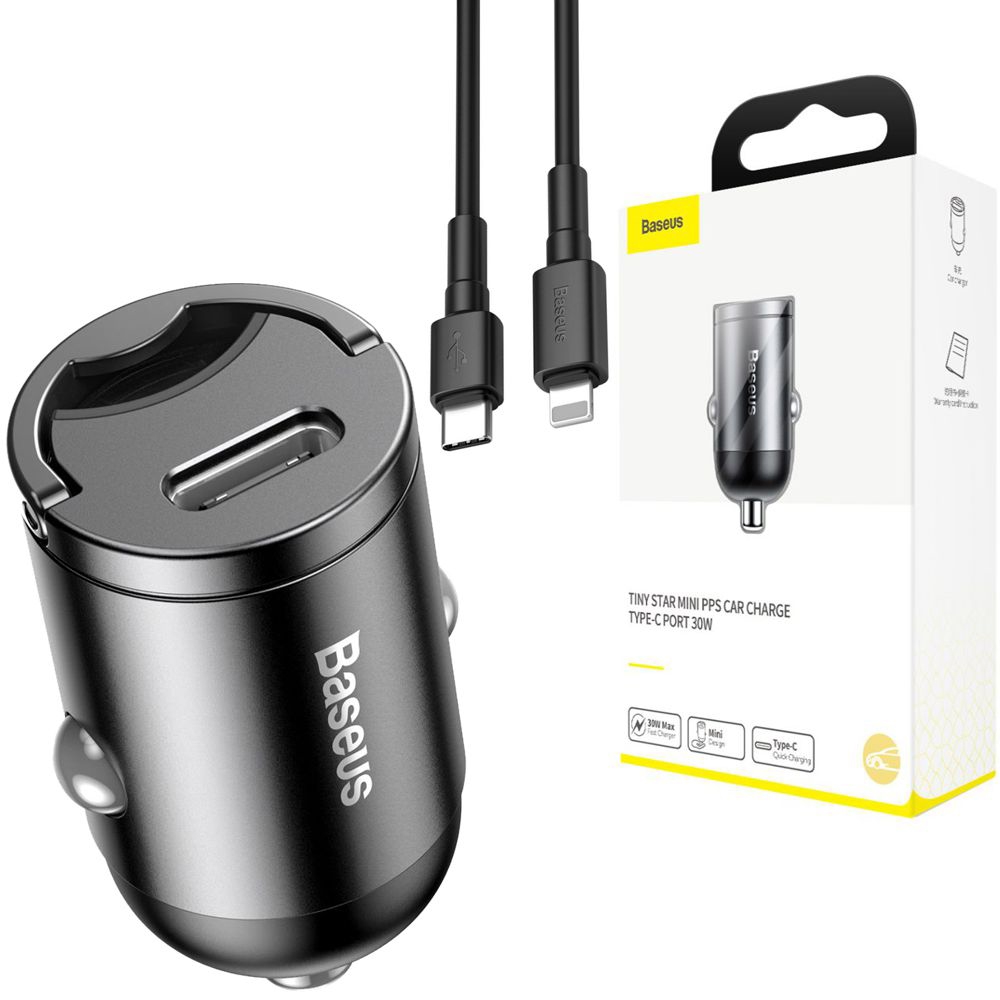Baseus Tiny Star | Mini Ładowarka Samochodowa USB-C 30W QC 3.0 PD + Kabel USB-C Lightning 18W | Gray