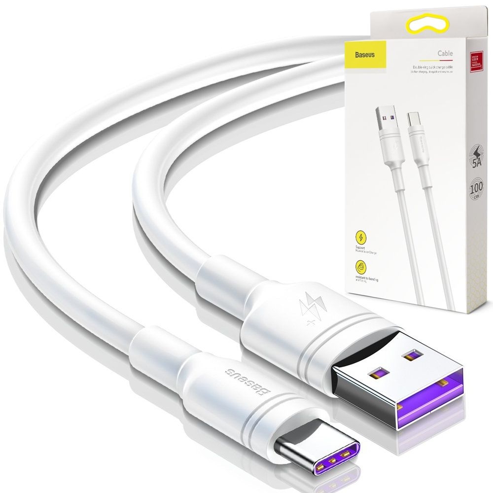 Baseus | Wytrzymały Kabel USB-C Flash Charge 5A QC 3.0 | 100cm | Biały