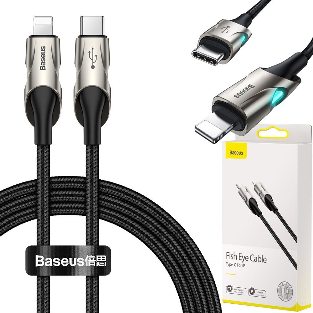 Baseus Fish Eye | Podświetlany Kabel Lightning USB-C Power Delivery 18W LED | 100cm | Czarny