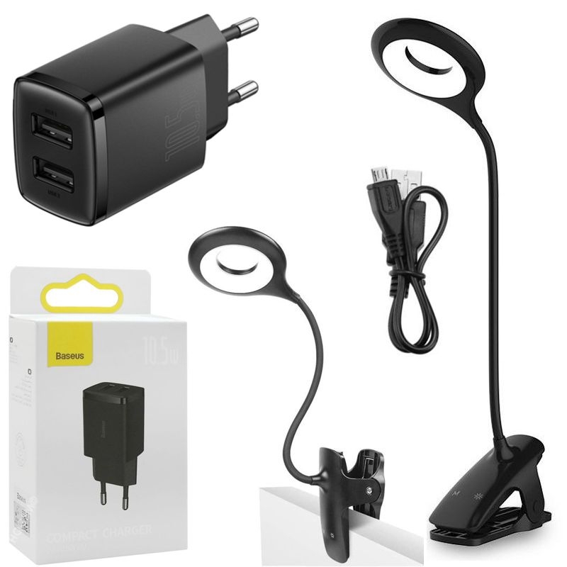 Biurkowa Lampka LED z Klipsem | Wbudowana Bateria | 3 Barwy Światła + Ładowarka 2x USB 10.5W | Czarna