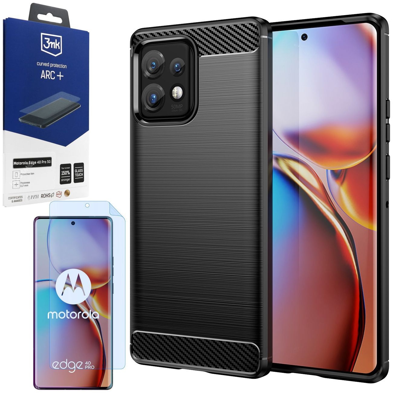 Etui CARBON Soft Case | Coal Black + FOLIA 3mk ARC+ do Motorola Edge 40 Pro
