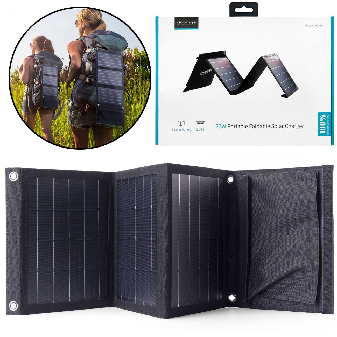Choetech | Składana Ładowarka Solarna 3 Panele | 2x USB | 22W