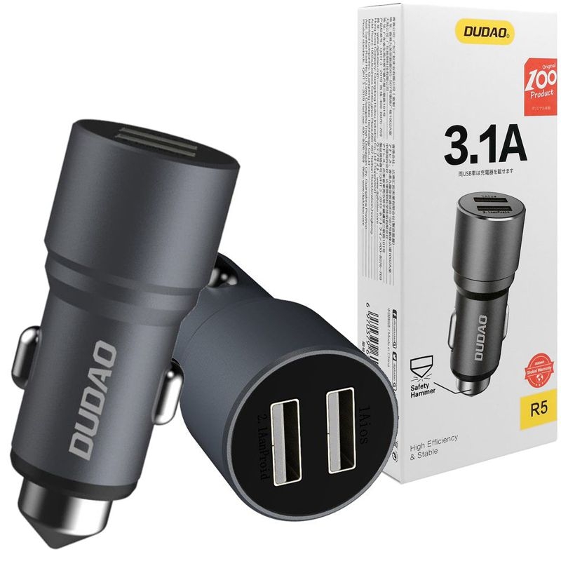 Dudao | Ładowarka Samochodowa 2xUSB 3.1A + Młotek Bezpieczeństwa