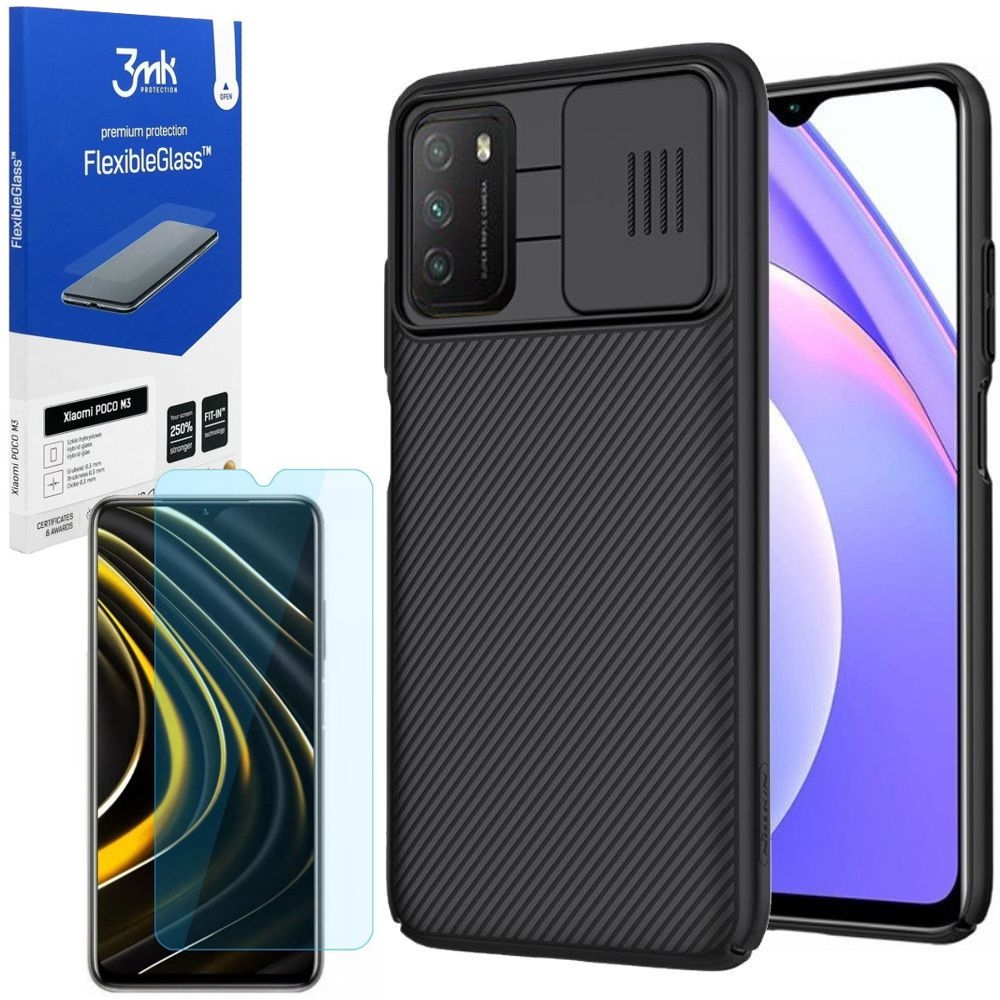 Etui NILLKIN CamShield | Czarne + SZKŁO 3mk Flexible Glass do Xiaomi POCO M3