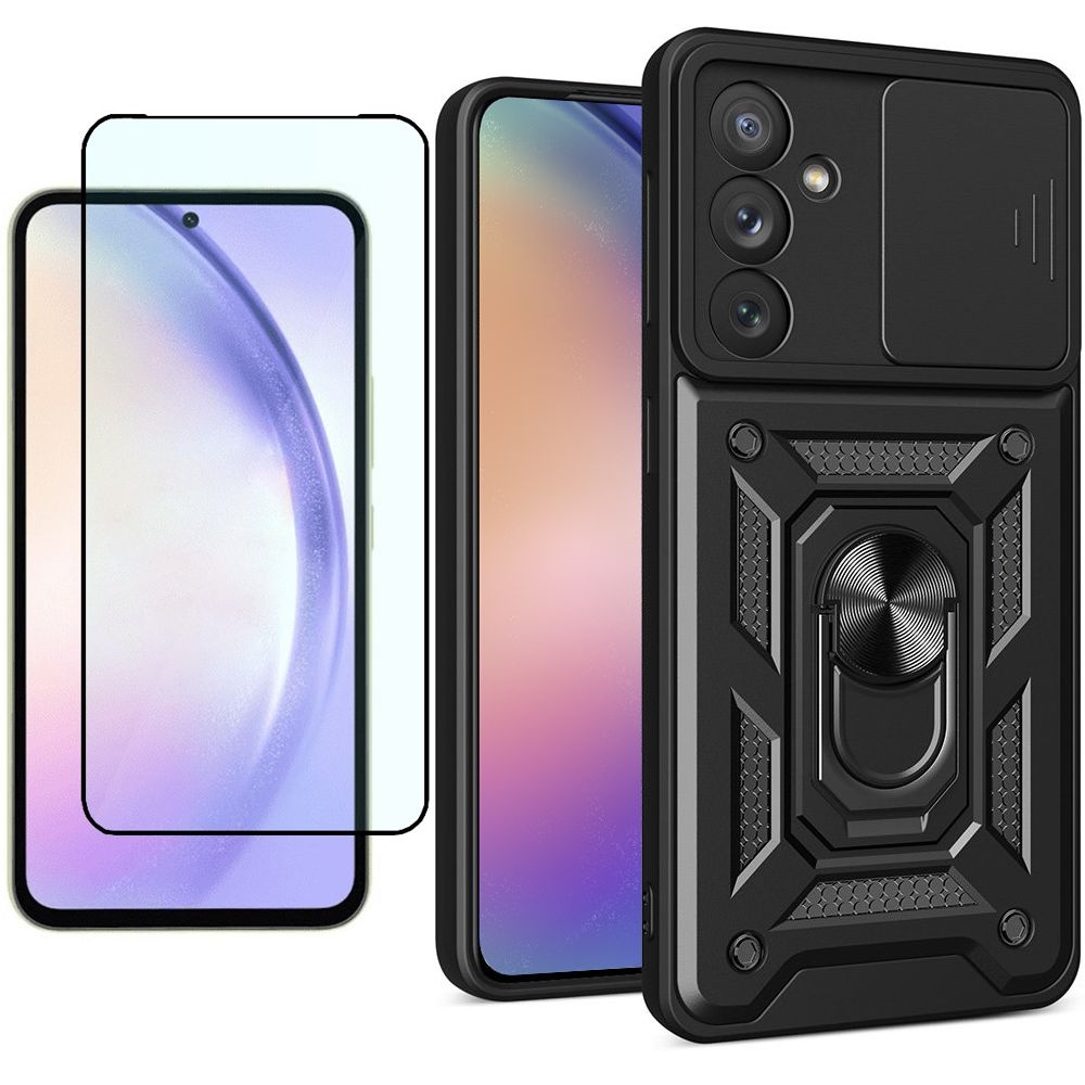 Hybrydowe Etui Ring Camshield | Czarne + SZKŁO 5D do Samsung Galaxy A54 5G