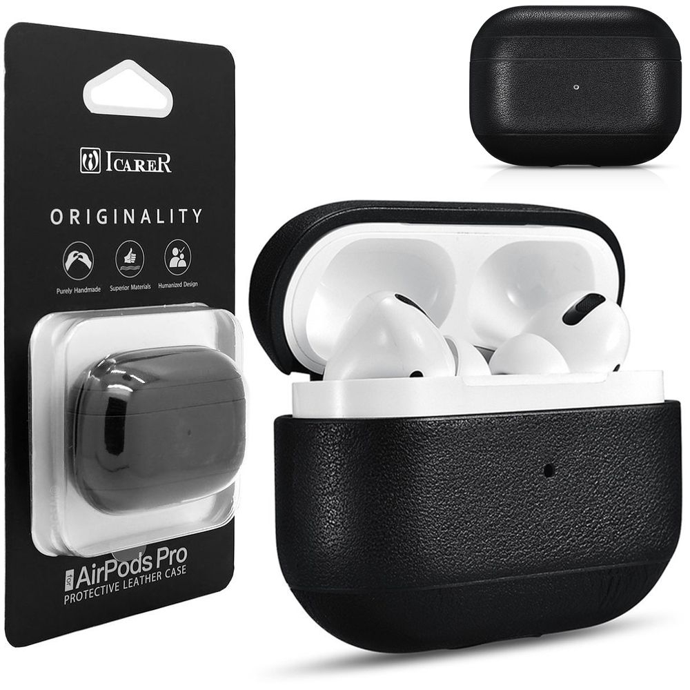 Etui Skóra Naturalna iCarer Leather Case | Czarne do Apple AirPods Pro 1/2