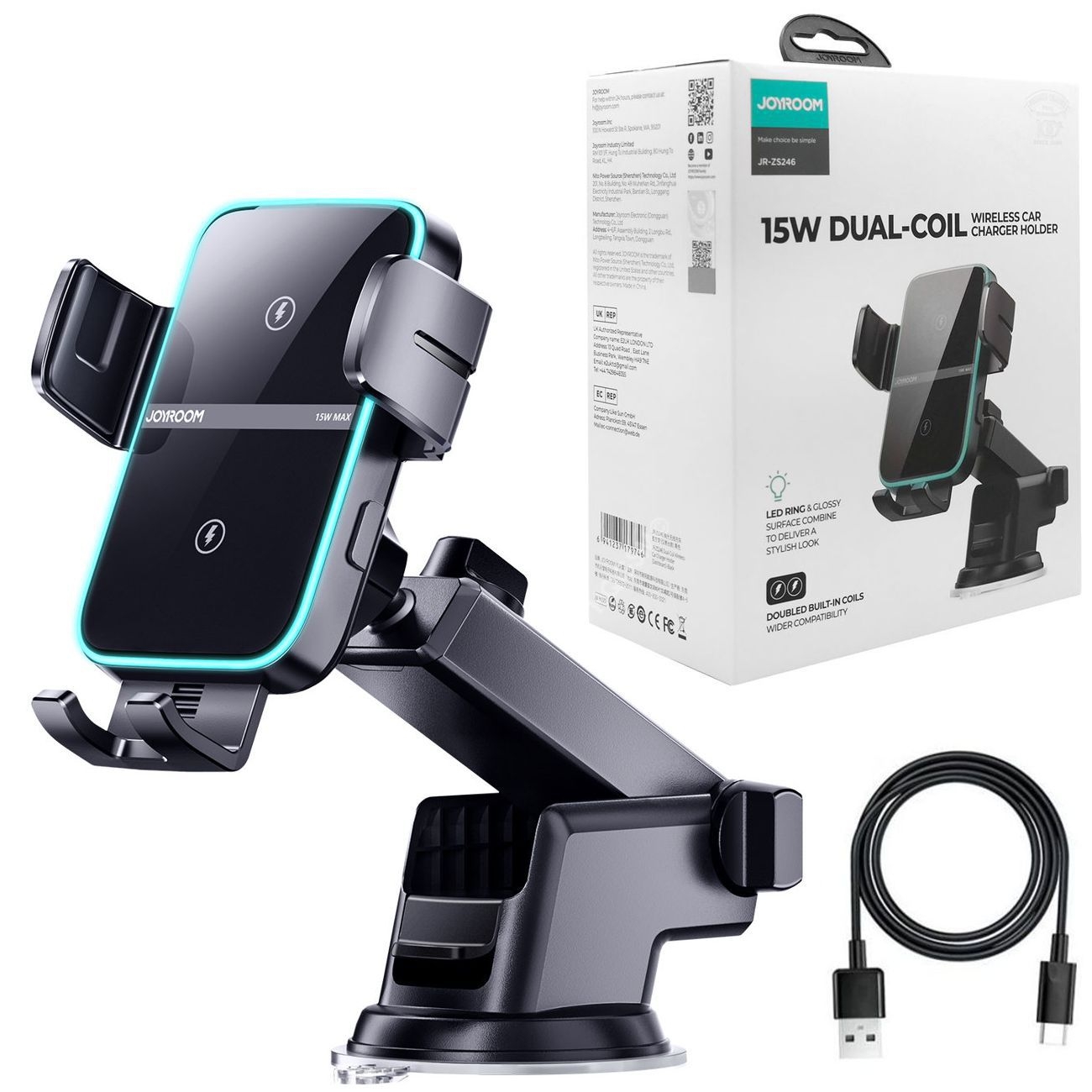 JoyRoom | Teleskopowy Uchwyt Indukcyjny 15W z Dwiema Cewkami | Do Deski i Szyby