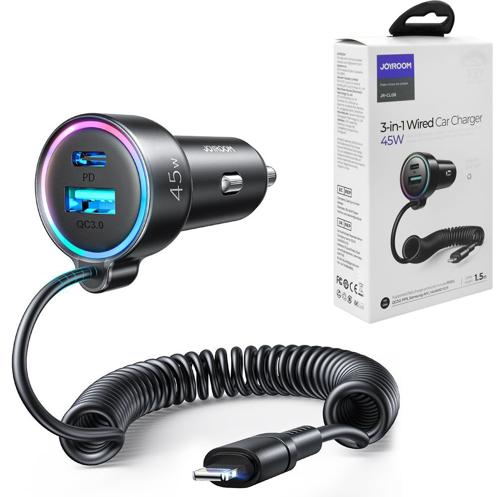 Szybka Ładowarka Samochodowa JoyRoom Apple Lightning na kablu + USB i USB-C 45W PD PPS QC