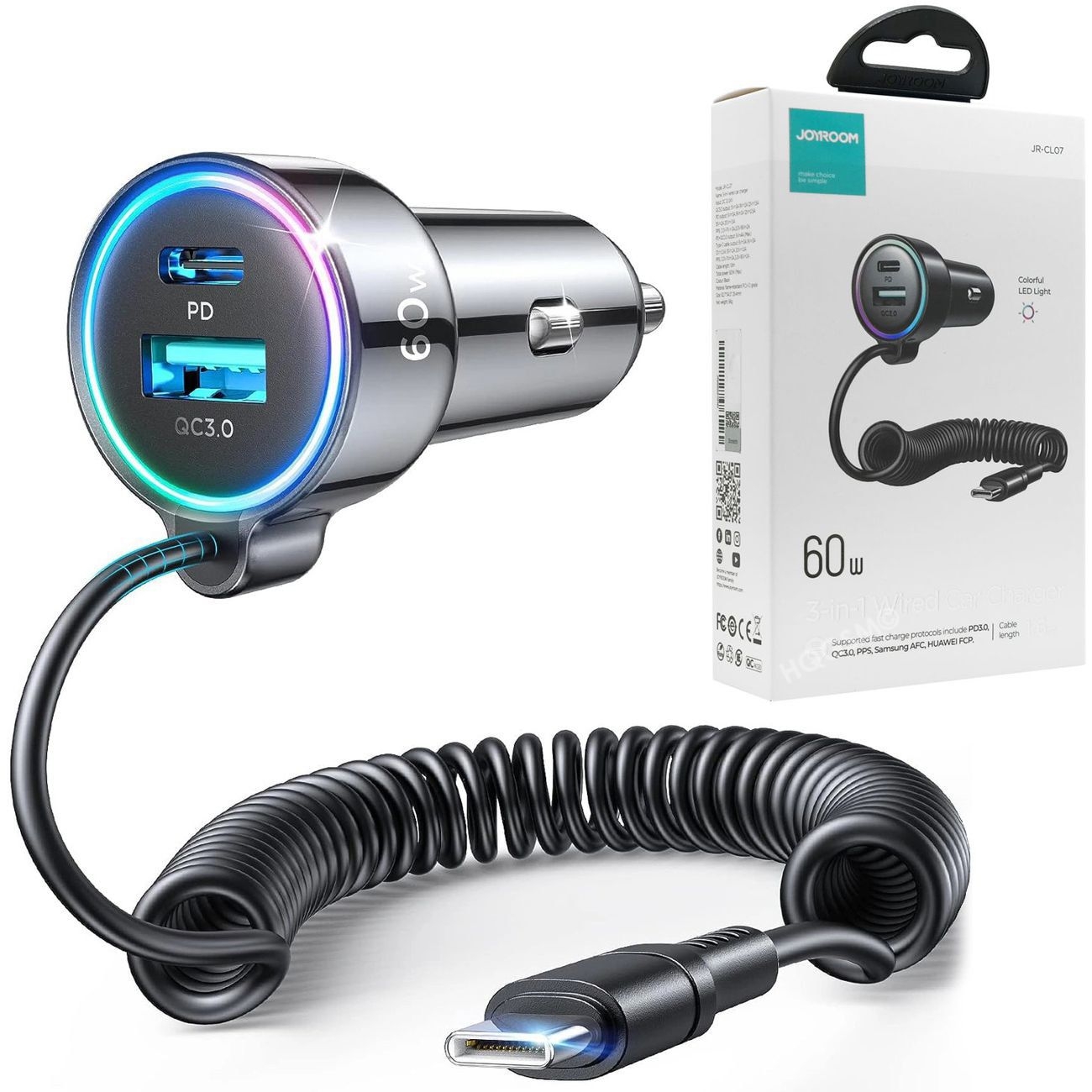 Szybka Ładowarka Samochodowa JoyRoom USB-C na kablu + USB i USB-C 60W PD PPS QC AFC