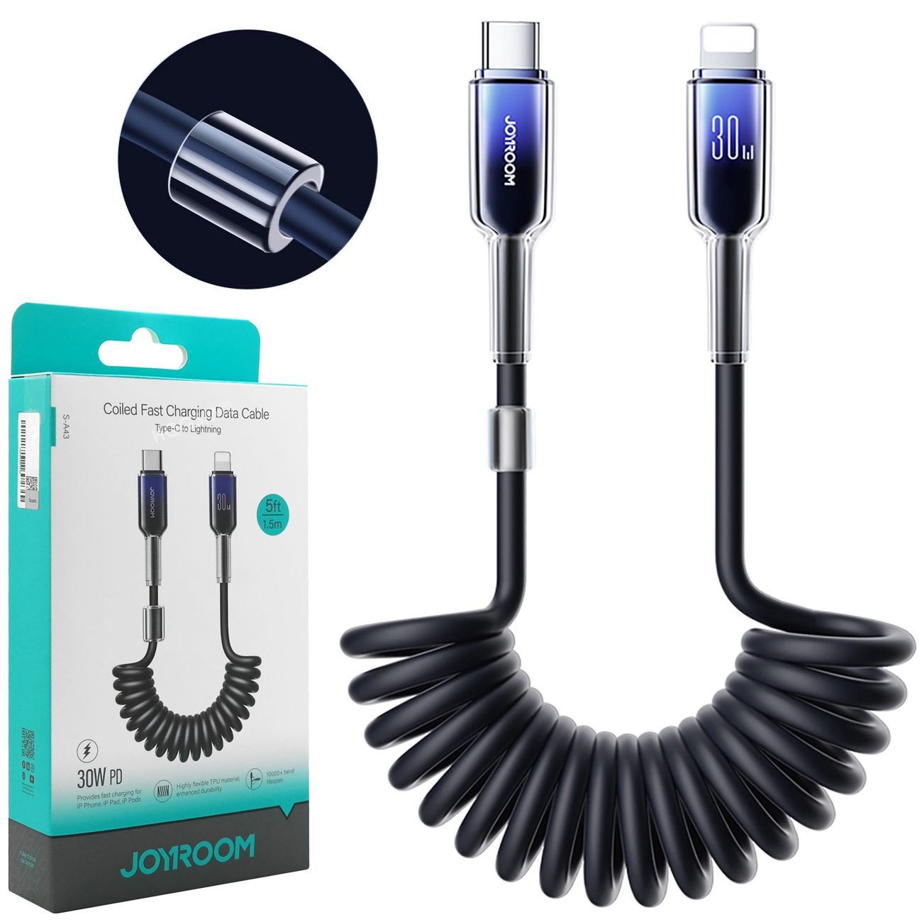 Joyroom | Krótki Kabel Sprężynowy USB-C na Lightning PD 30W | do Apple CarPlay | 50cm &#8211; 150cm