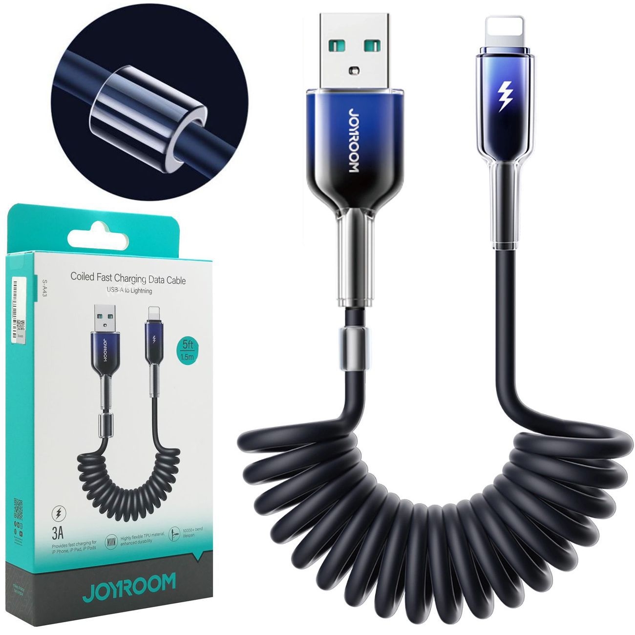 Joyroom | Krótki Kabel Sprężynowy USB-A na Lightning 3A | do Apple CarPlay | 50cm &#8211; 150cm