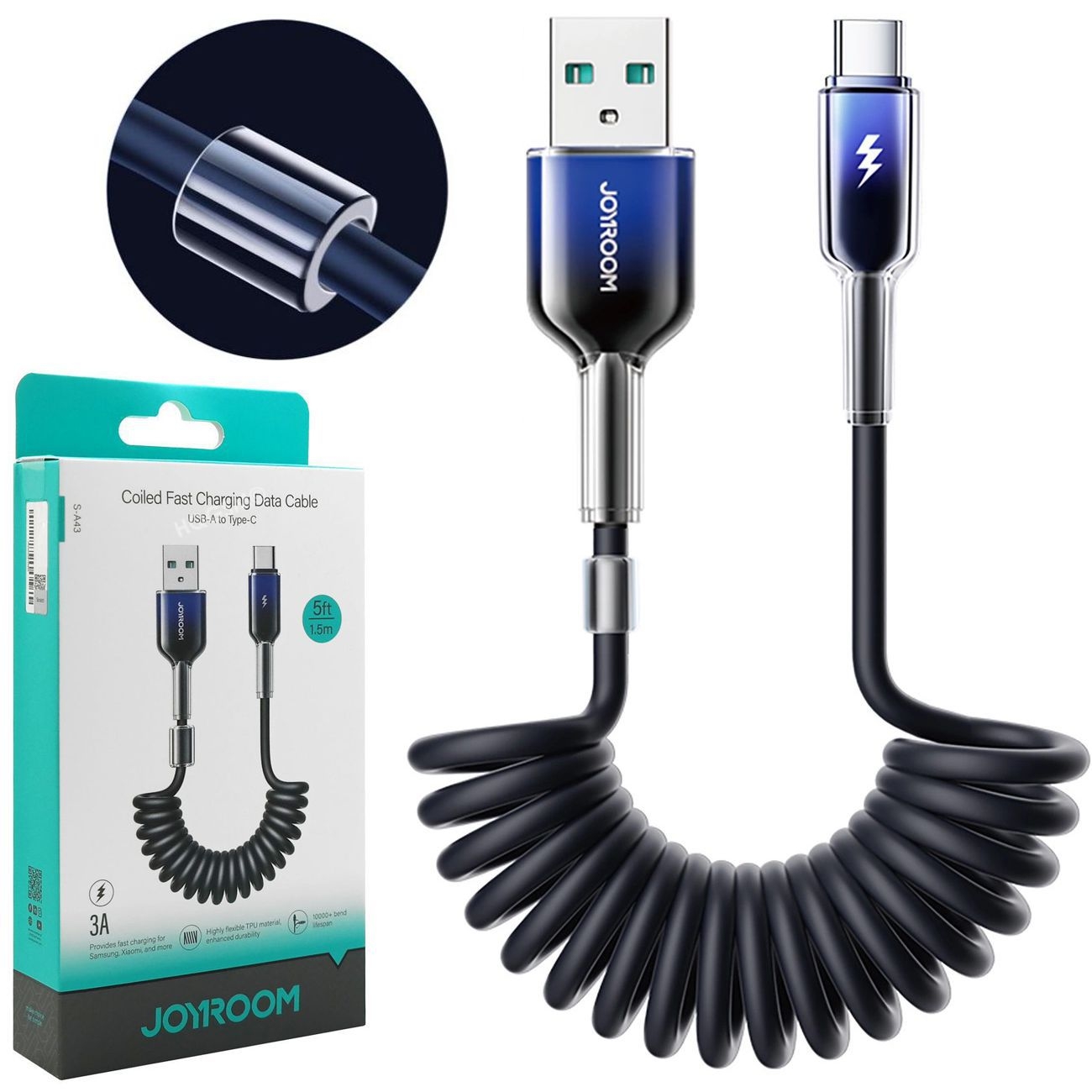 Joyroom | Krótki Kabel Sprężynowy USB-C na USB-A 3A | do Android Auto Apple CarPlay | 50cm &#8211; 150cm