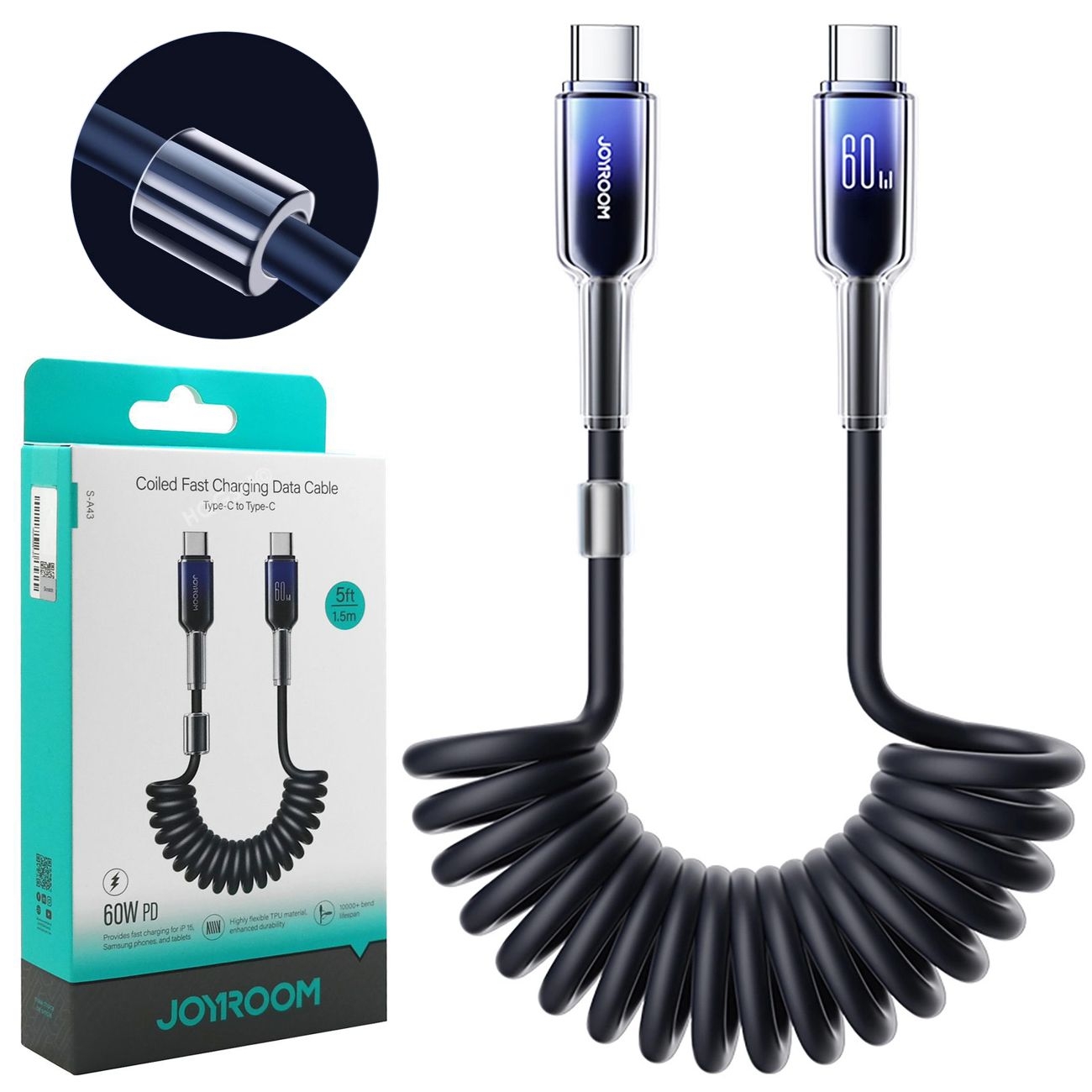 Joyroom | Krótki Kabel Sprężynowy USB-C PD 60W | do Android Auto Apple CarPlay | 50cm &#8211; 150cm