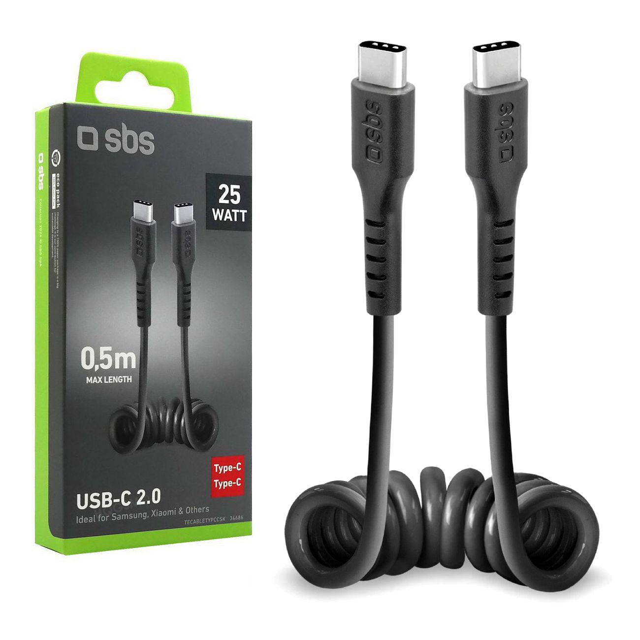 SBS | Bardzo Krótki Kabel Sprężynowy USB-C na USB-C do Android Auto Apple CarPlay | 50cm
