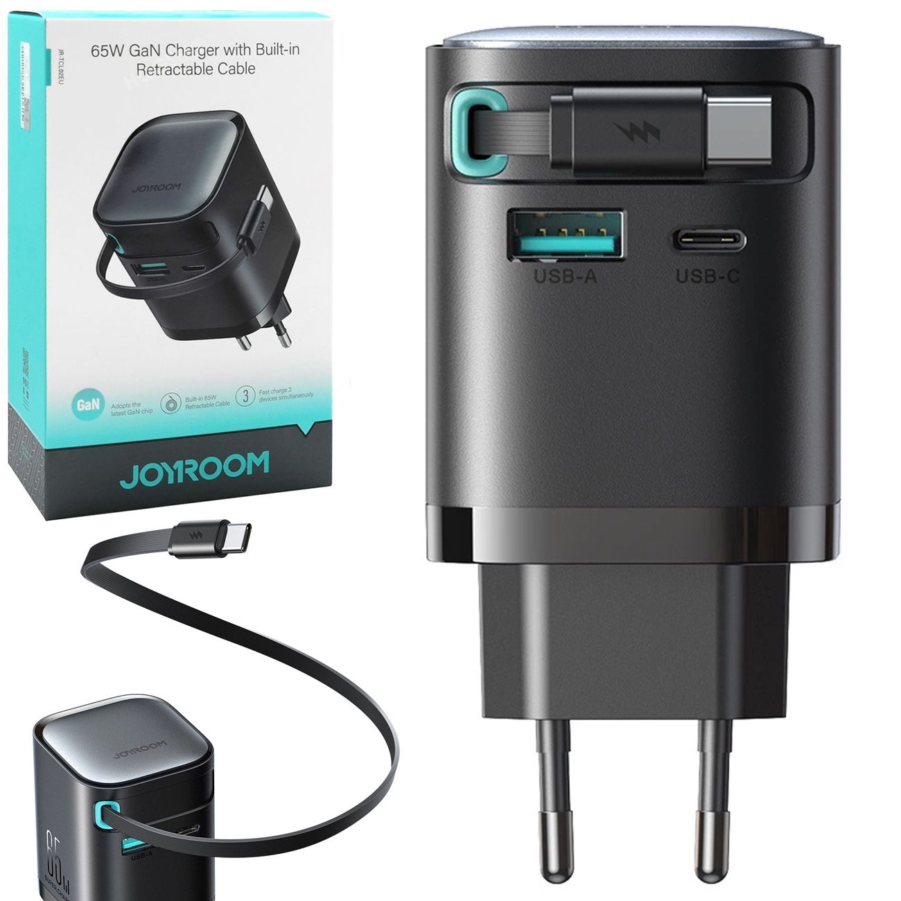 Joyroom | Ładowarka Sieciowa USB-C USB + Zintegrowany Kabel USB-C | GaN 65W