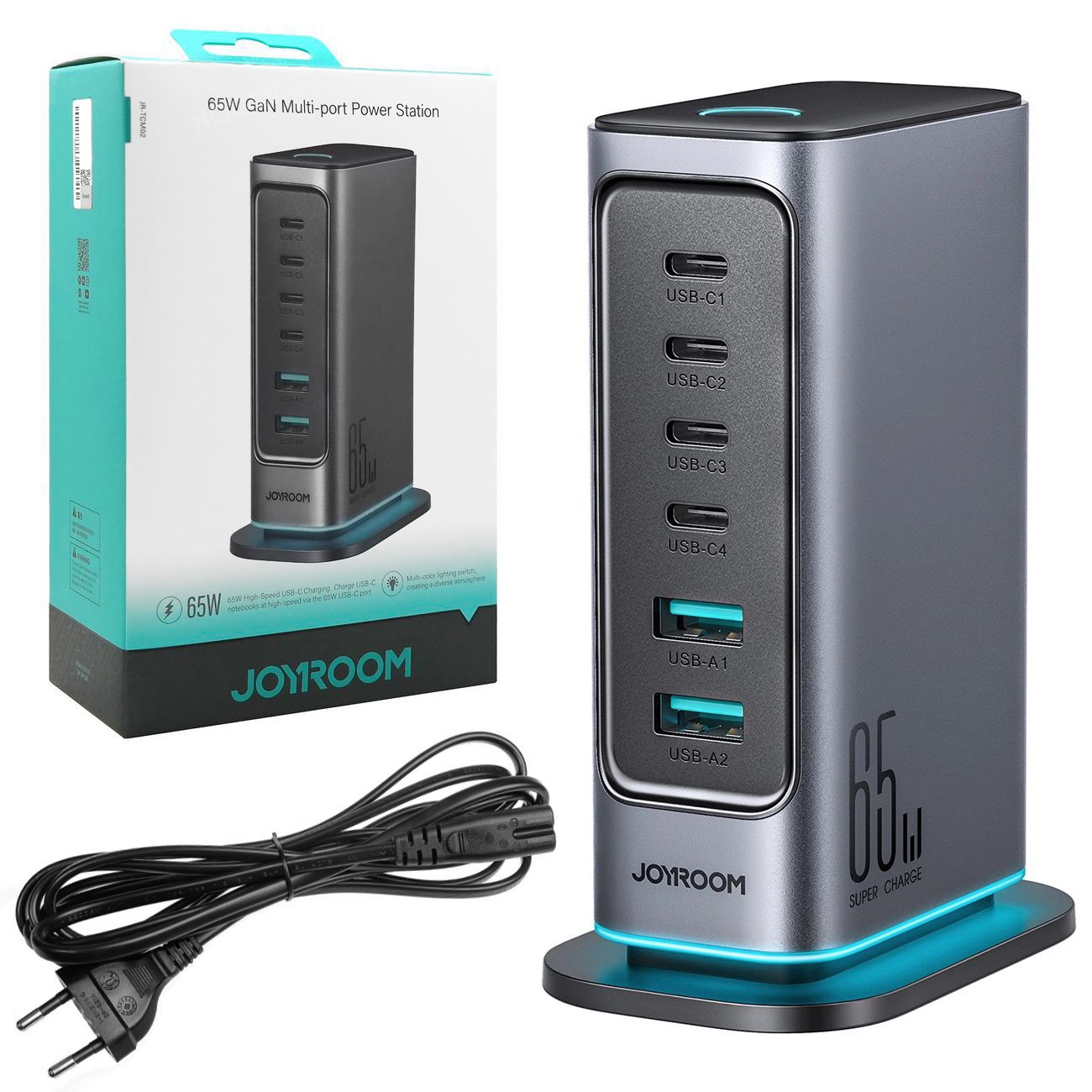 Joyrrom | Zasilacz Biurkowy Ładowarka Sieciowa Wieloportowa 4x USB-C 2x USB-A | 65W