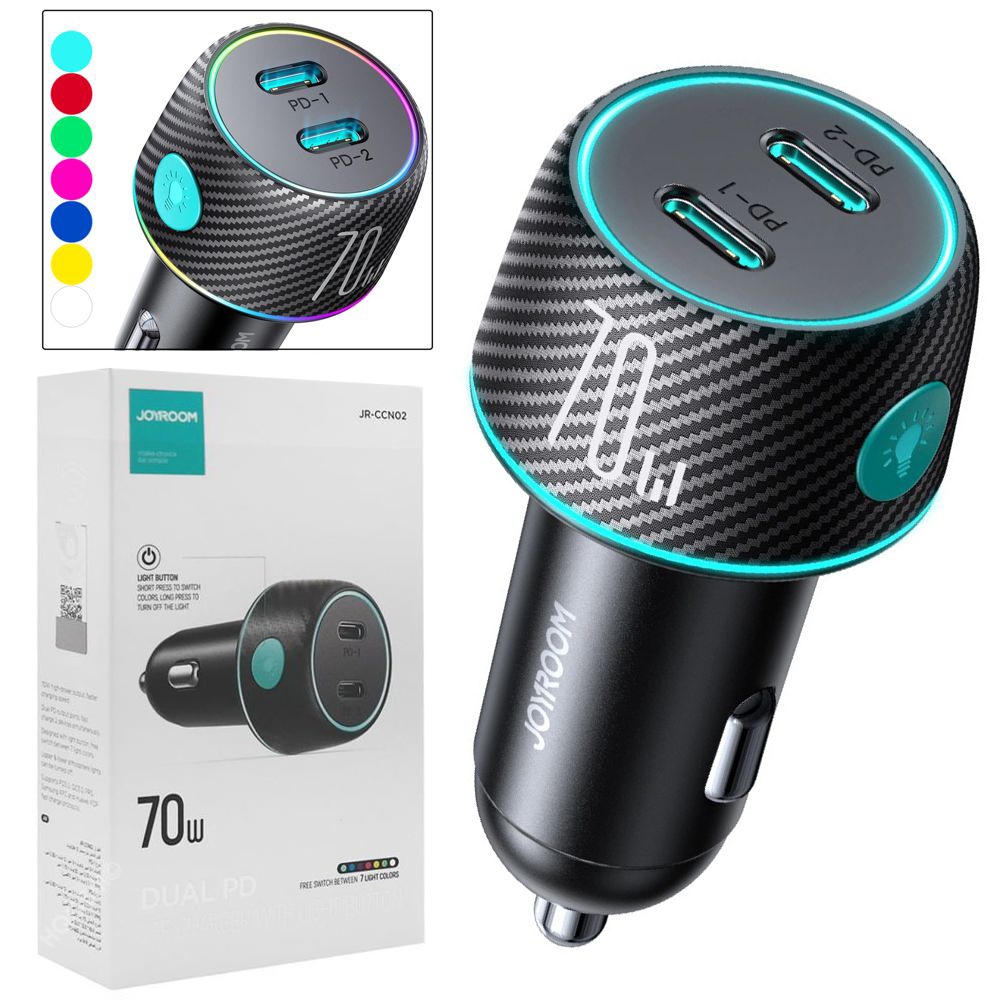 Joyroom | Ładowarka Samochodowa 2x USB-C z Podświetleniem LED | QC 3.0 AFC FCP PPS PD | 70W