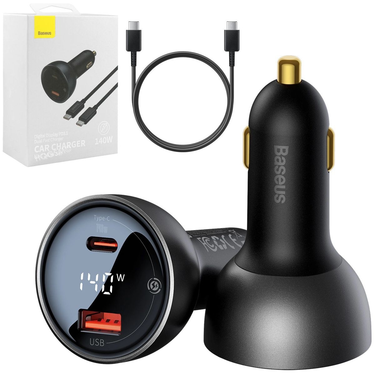 Baseus | Mocna Ładowarka Samochodowa  USB-A USB-C do Laptopa Notebooka | 140W + Kabel USB-C