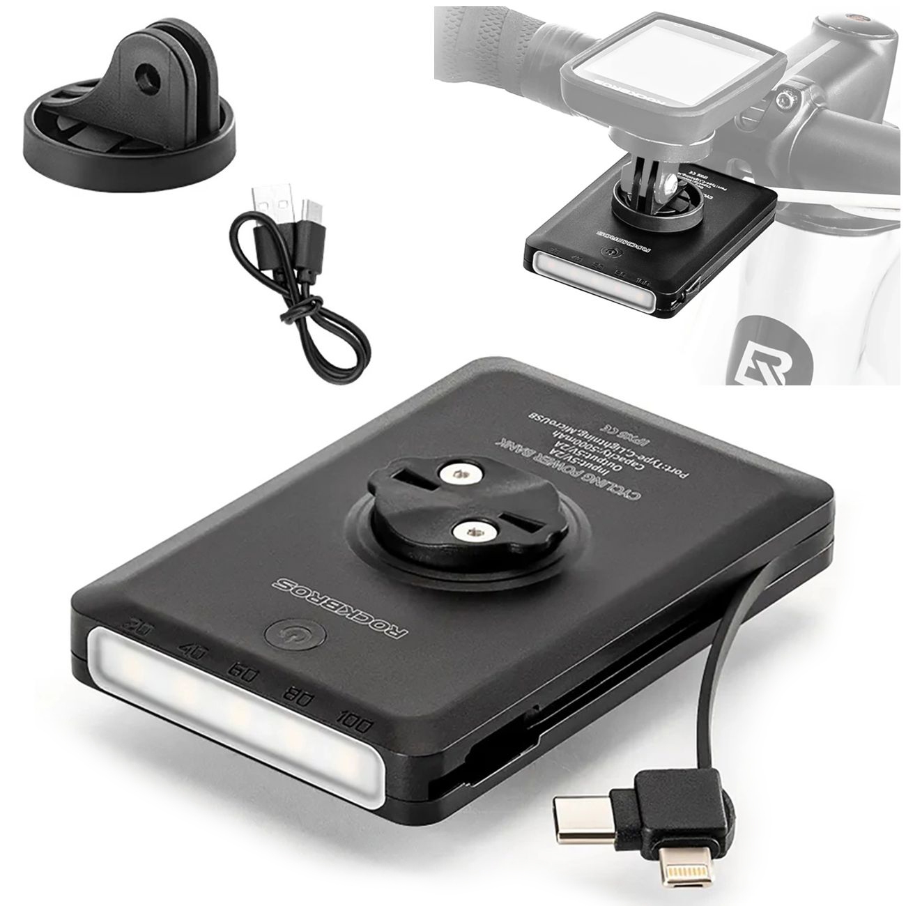 RockBros JP008 2w1 | Lampka Rowerowa Przednia + Powerbank 5000mAh | 150lm IPX6 USB-C Apple Lightning | GoPro Garmin