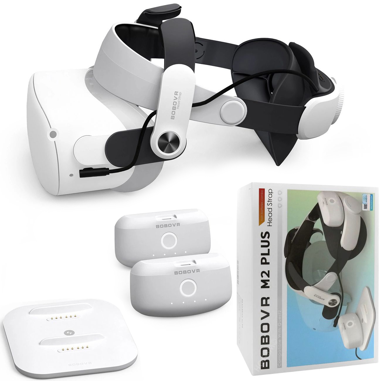 BoboVR M2 Plus | Sztywny Pasek Regulowany + 2x Bateria 5200mAh + Ładowarka do Oculus Meta Quest 2