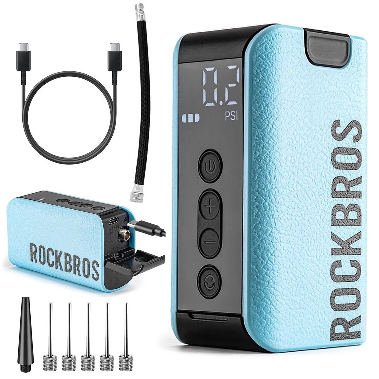 Rockbros | Mini Kompresor do Piłek Pompka z Akumulatorem i Wyświetlaczem | 20 PSI