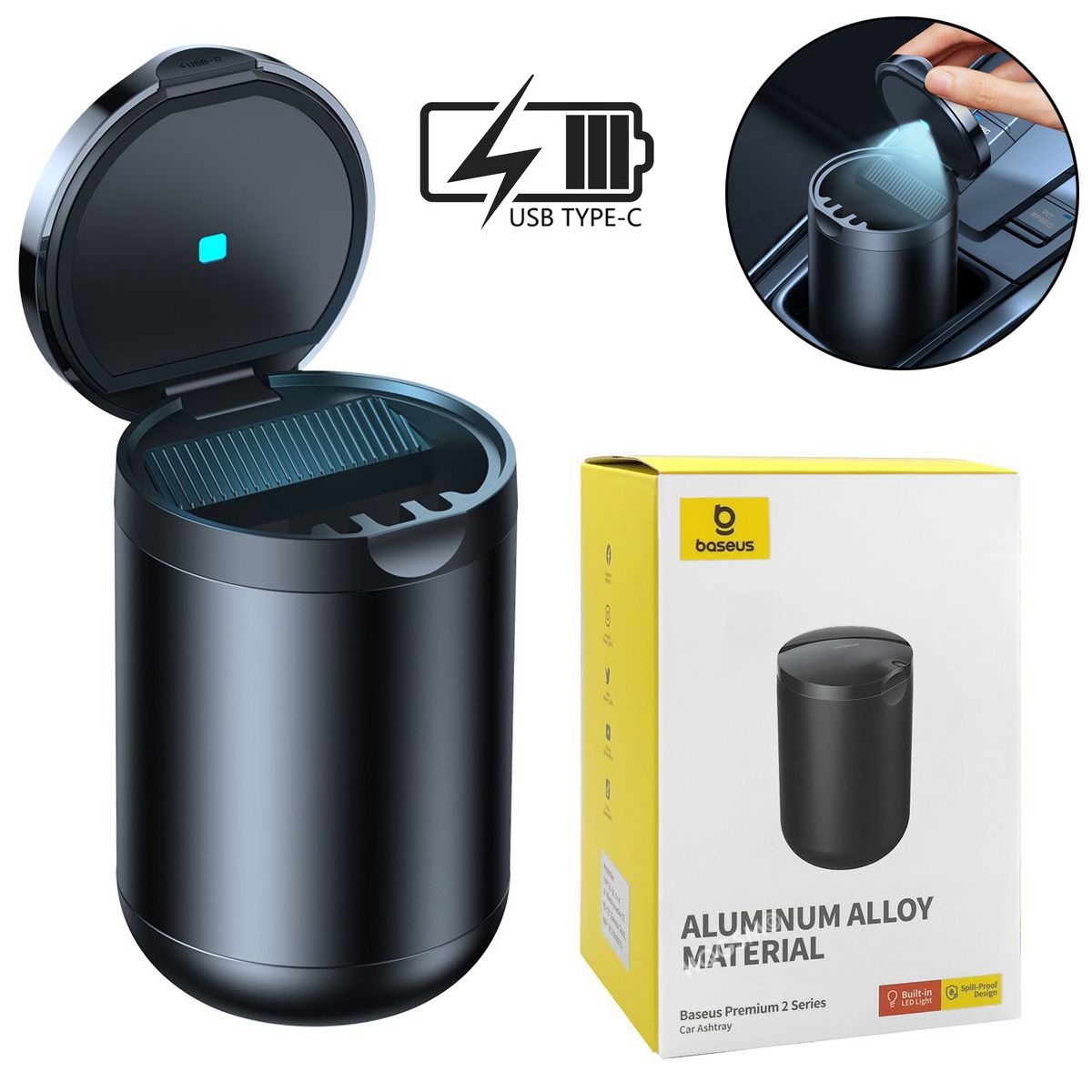 Baseus | Mini Samochodowa Popielniczka V2 z Podświetleniem LED i USB-C | Czarna