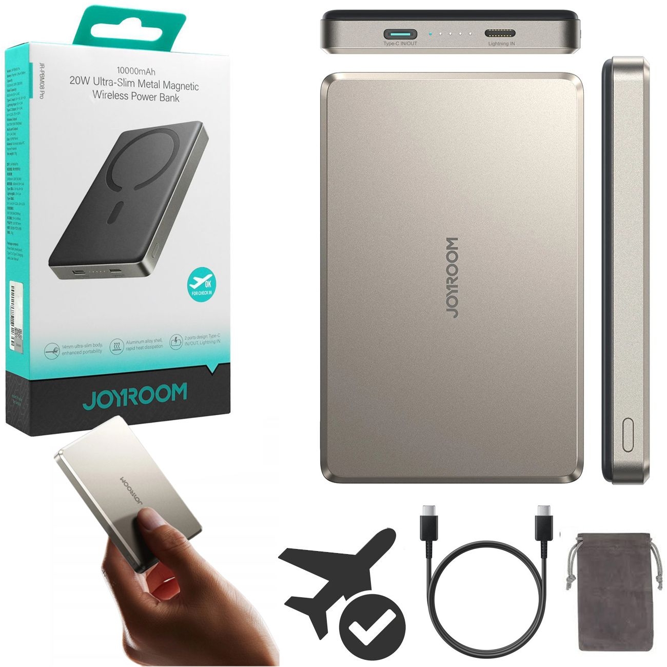 Joyroom | Magnetic Wireless Battery Pack | PowerBank MagSafe USB-C Lightning | 20W 10000mAh | Titanium