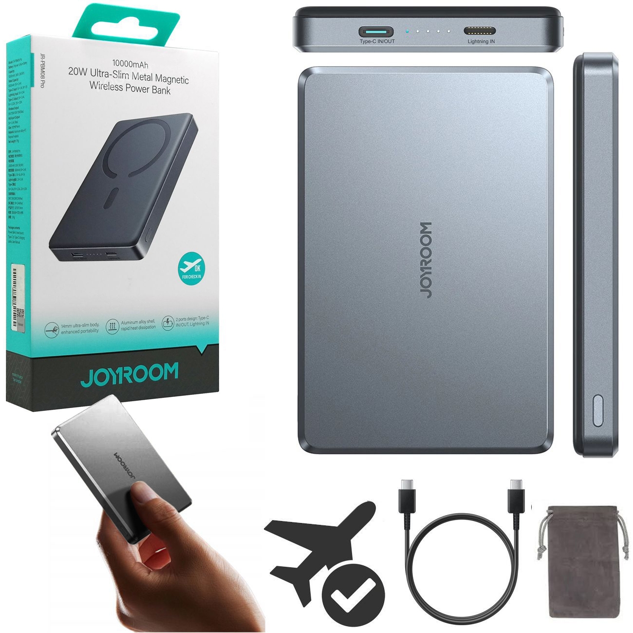 Joyroom | Magnetic Wireless Battery Pack | PowerBank MagSafe USB-C Lightning | 20W 10000mAh | Gray