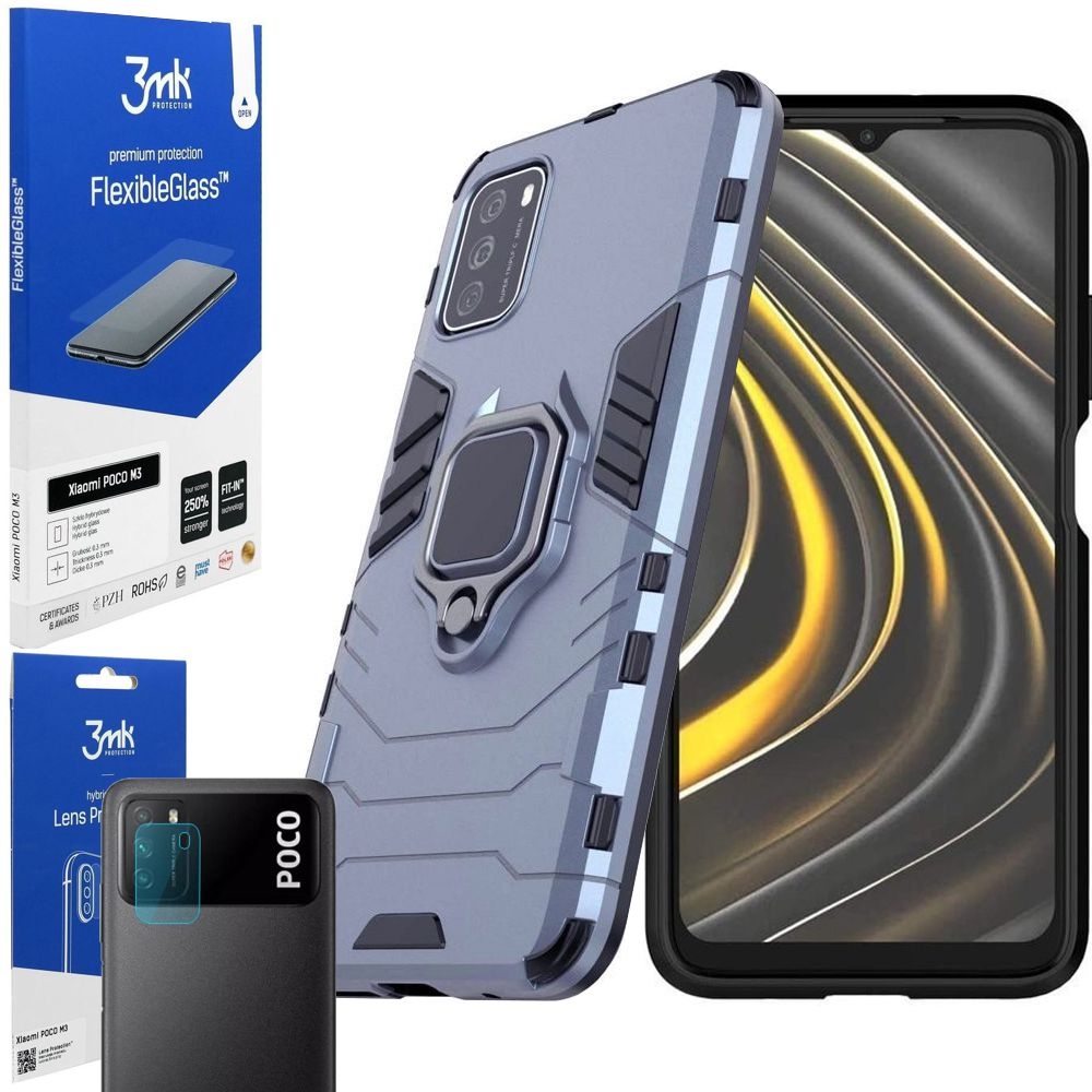 Hybrydowe Etui Armor Ring | Steel Blue + SZKŁO 3mk Flexible Glass + APARAT 4szt do Xiaomi POCO M3