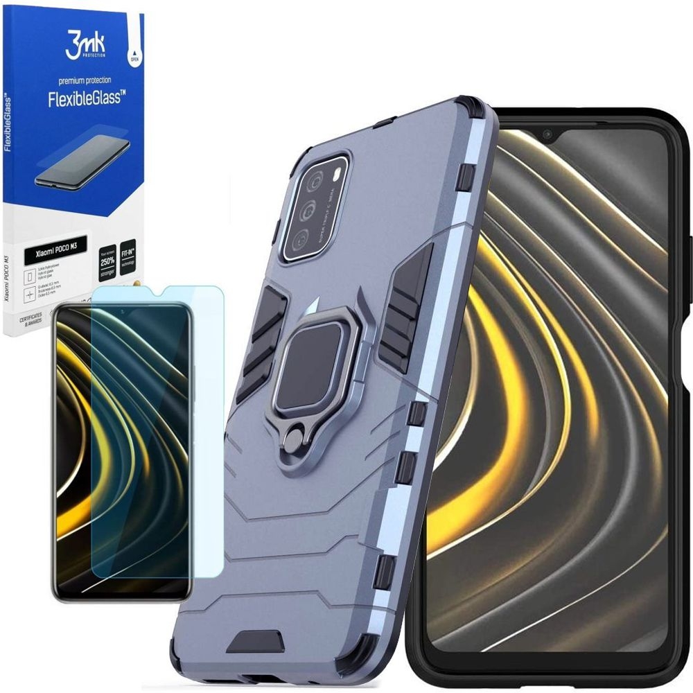 Hybrydowe Etui Armor Ring | Steel Blue + SZKŁO 3mk Flexible Glass do Xiaomi POCO M3