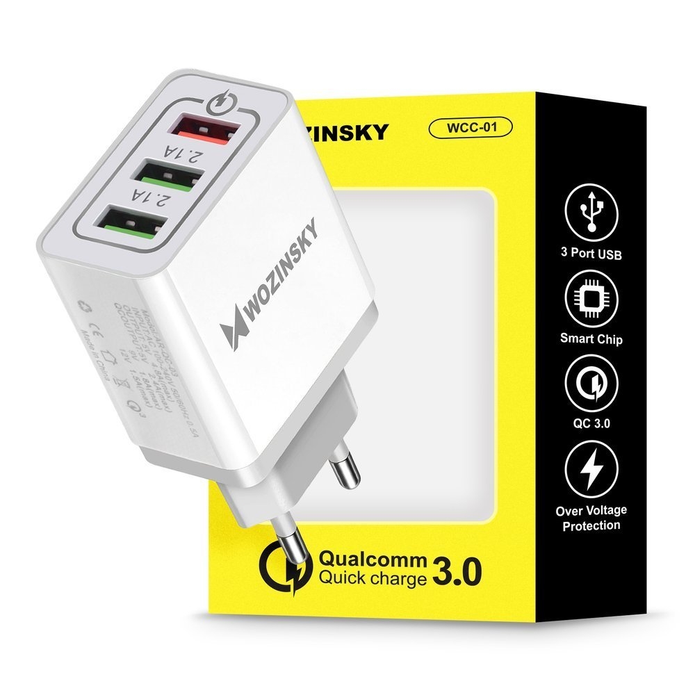 Szybka Ładowarka Sieciowa 3xUSB Quick Charge 3.0 | 30W | Biała