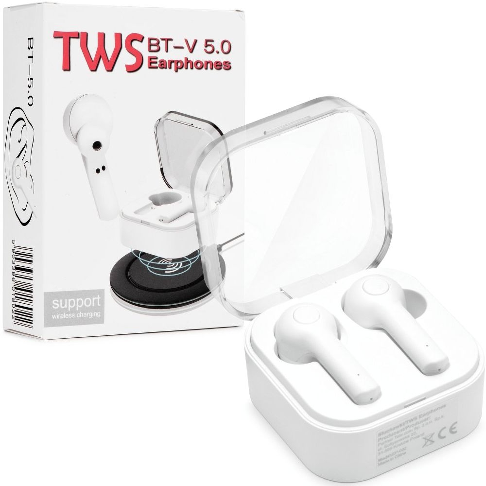 Bezprzewodowe Słuchawki z Indukcyjnym Etui Ładującym | Bluetooth 5.0 | Białe