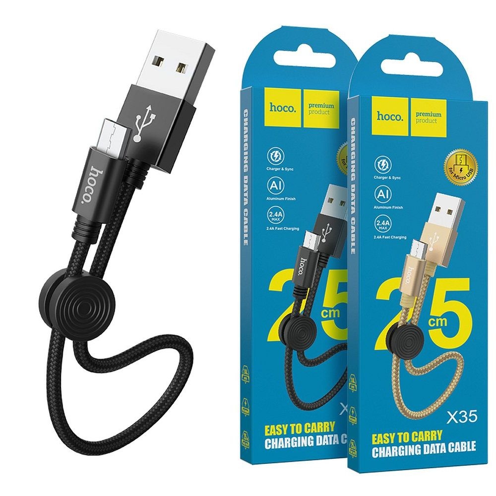 Hoco | Krótki Kabel microUSB w Oplocie | 25cm | Czarny
