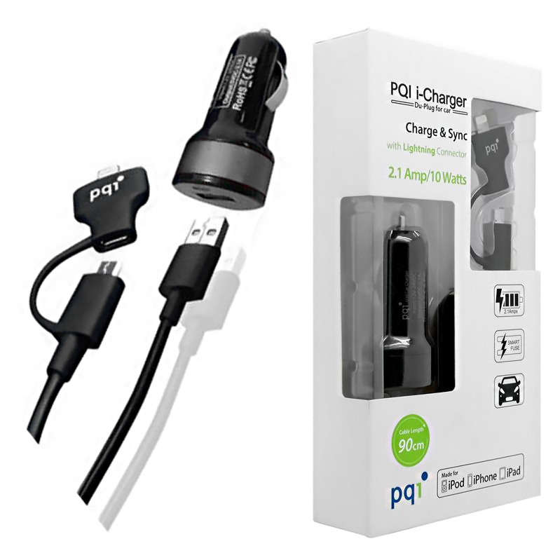 PQI Du-Plug | Szybka Ładowarka Samochodowa MFI 10W + Kabel 2w1 Lightning microUSB