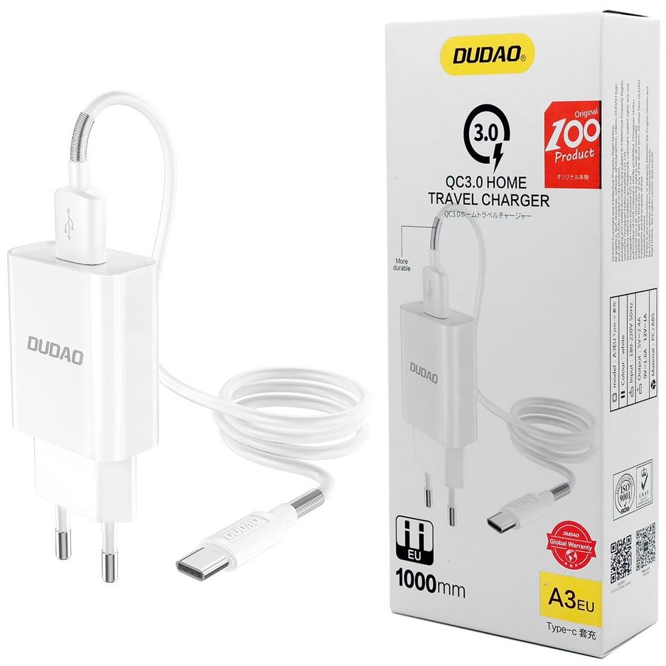 Dudao | Ładowarka Sieciowa USB Quick Charge 3.0 + Kabel USB-C 100cm