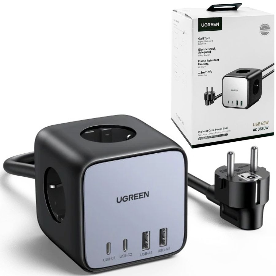 UGreen | Listwa Zasilająca Kostka Ładowarka 2x USB 2x USB-C 3x Schuko Gniazdko AC | 65W