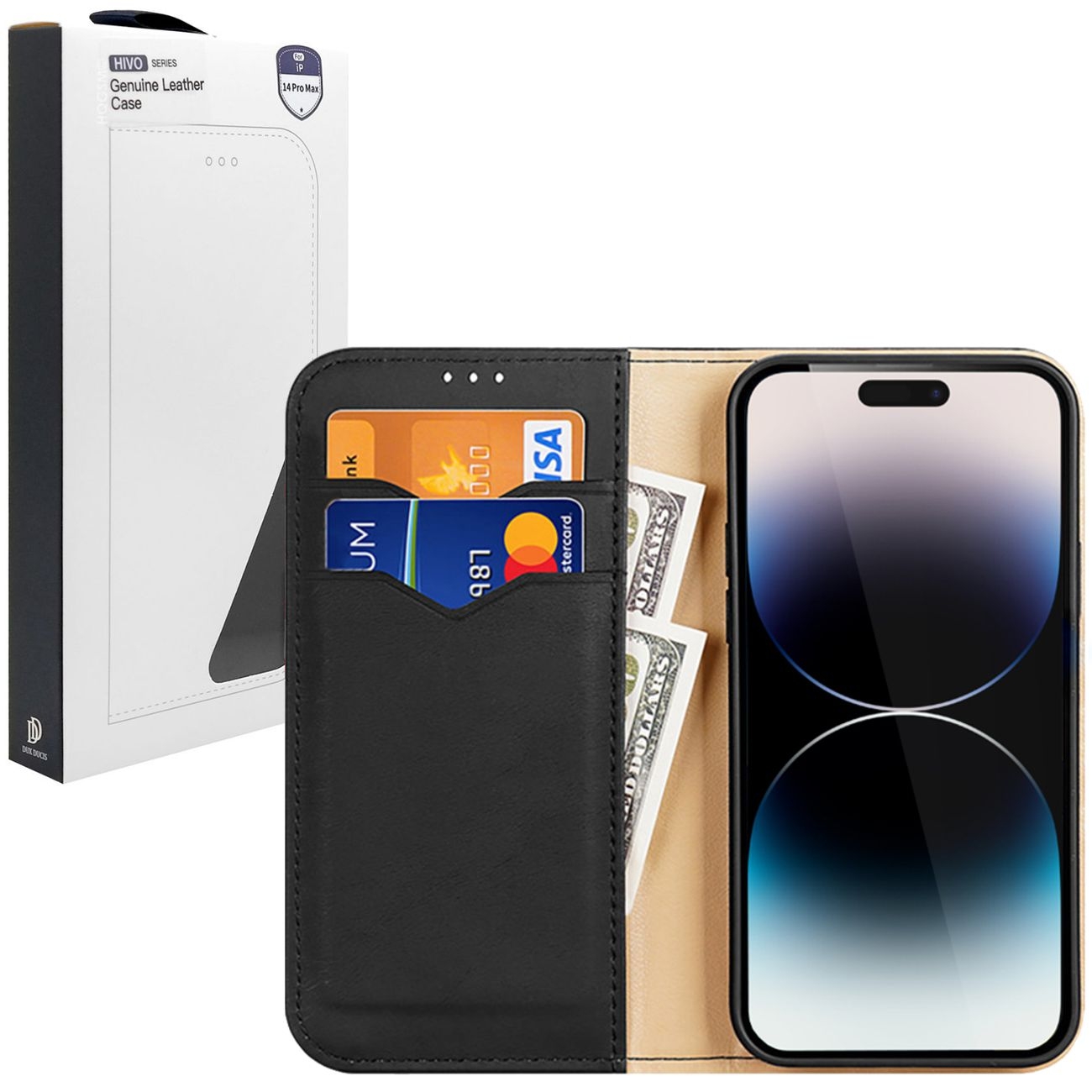 Etui z Klapką Skóra Naturalna | Dux Hivo | Black do Apple iPhone 14 Pro Max