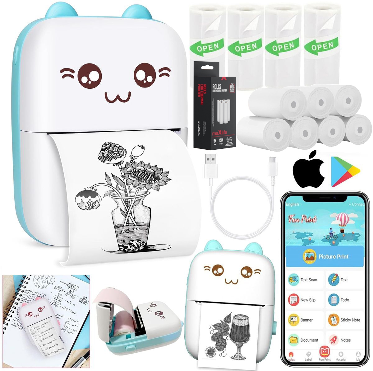Drukuś | Mini Drukarka Termiczna Natychmiastowa | dla Dzieci | Kotek Miętowy + PAPIER 11 rolek