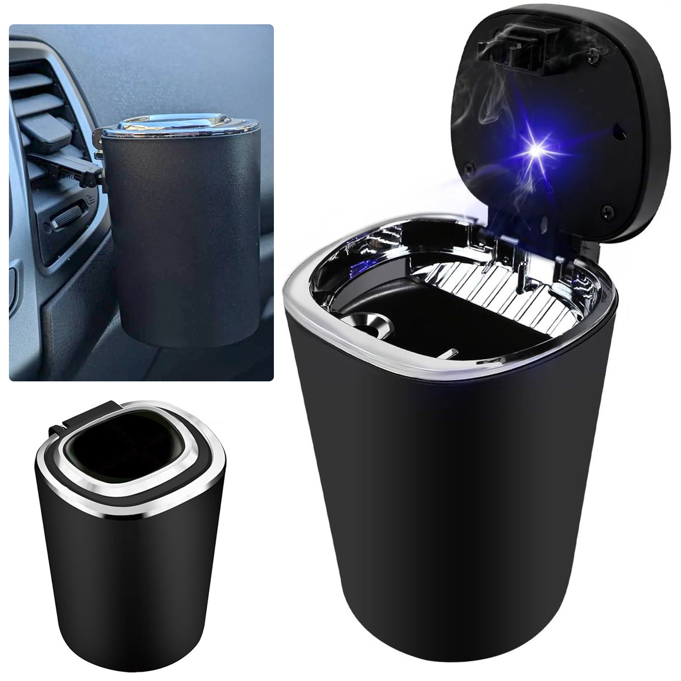 Mini Samochodowa Popielniczka z Podświetleniem LED + Mocowanie do kratki