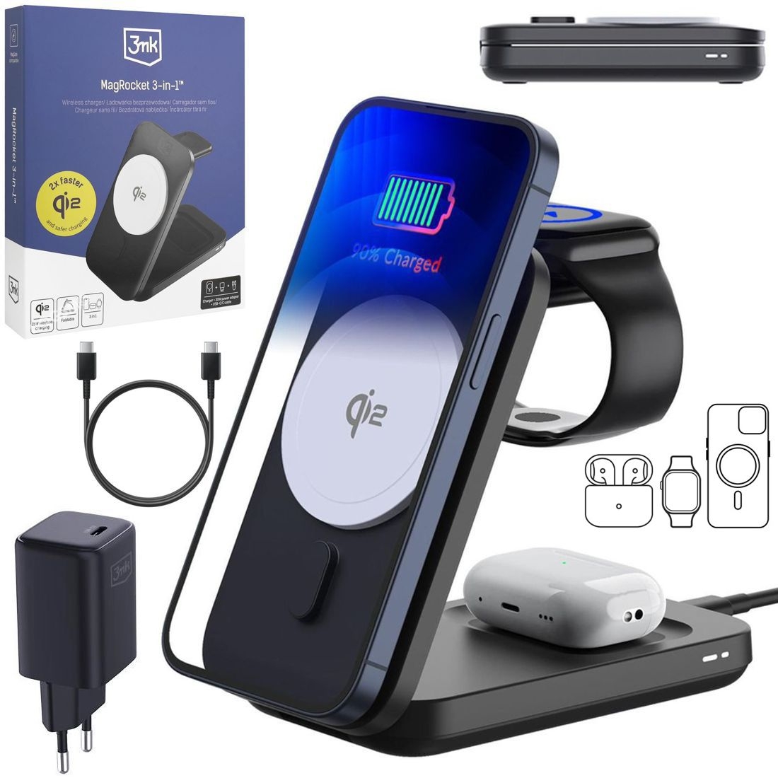 3mk MagRocket | Stacja 3w1 Qi2 15W | Bezprzewodowa Ładowarka Indukcyjna Stojak + Zasilacz 30W