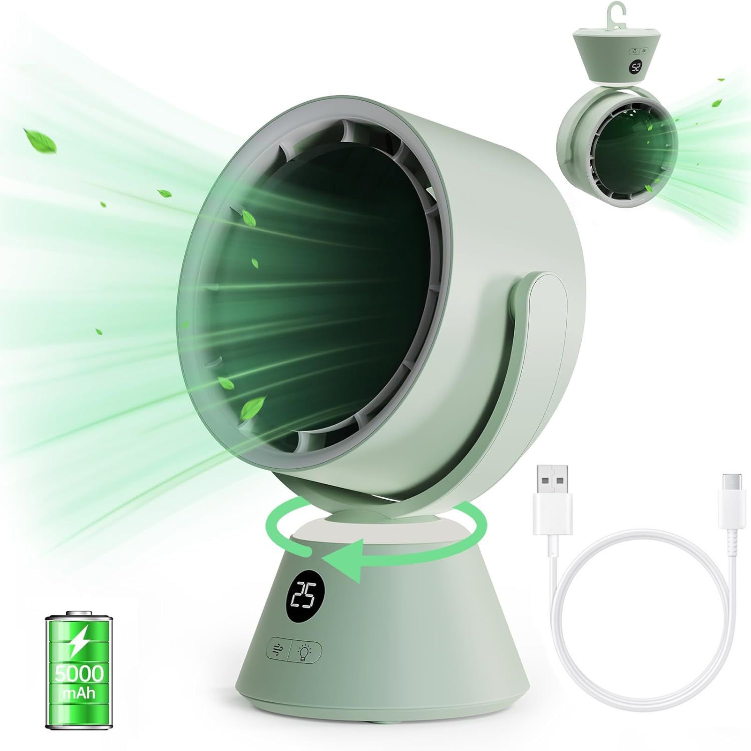 Wentylator Oscylacyjny USB-C z Baterią i Lampką LED | 2w1 Biurkowy do Zawieszenia