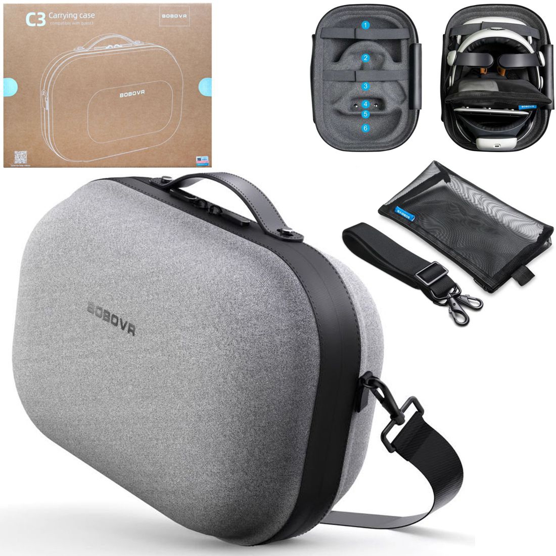 BoboVR C3 | Sztywne Etui Pouch 2w1 | Szare do Oculus Meta Quest 3/3s