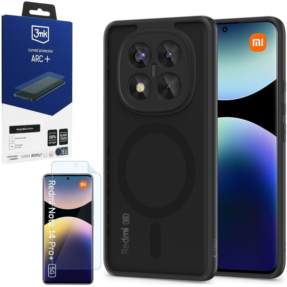 Etui Hybrydowe Clear Case z MagSafe | Matte Black + FOLIA 3mk do Xiaomi Redmi Note 14 Pro+ Plus 5G